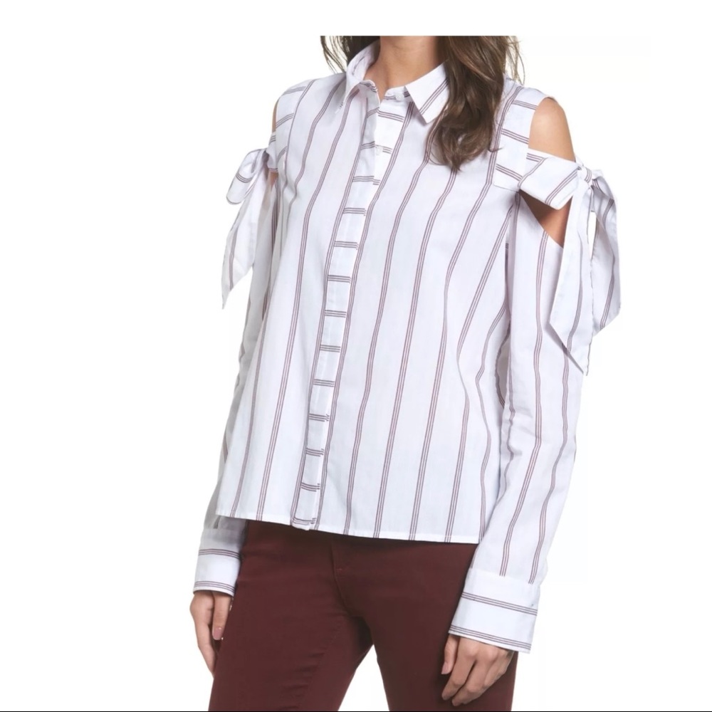 BP. NEW WHITE RED STRIPE COLD-SHOULDER TOP